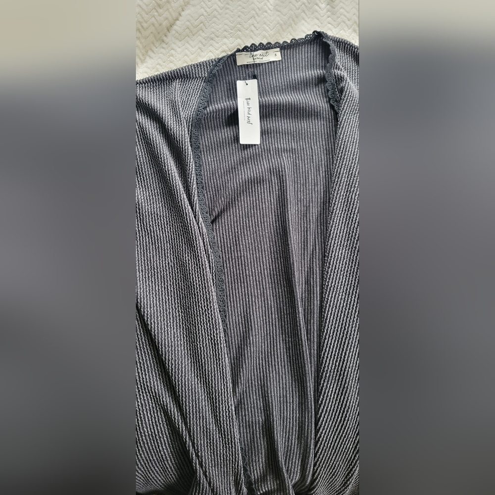 Three Bird Nest Gray Ribbed Open Front Cardigan